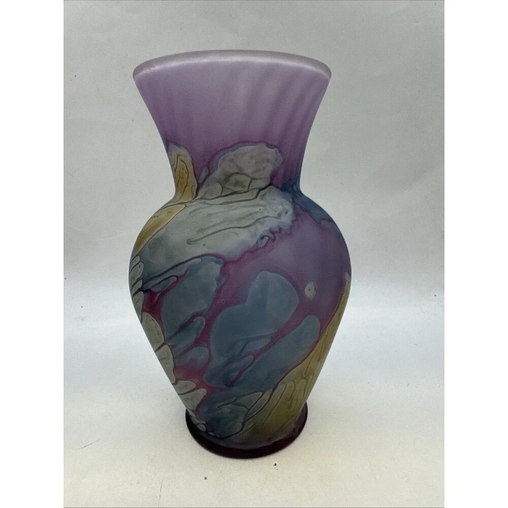 Rueven Nouveau Art Glass Frosted Hand Watercolor Painted Glass Vase Satin Matte
